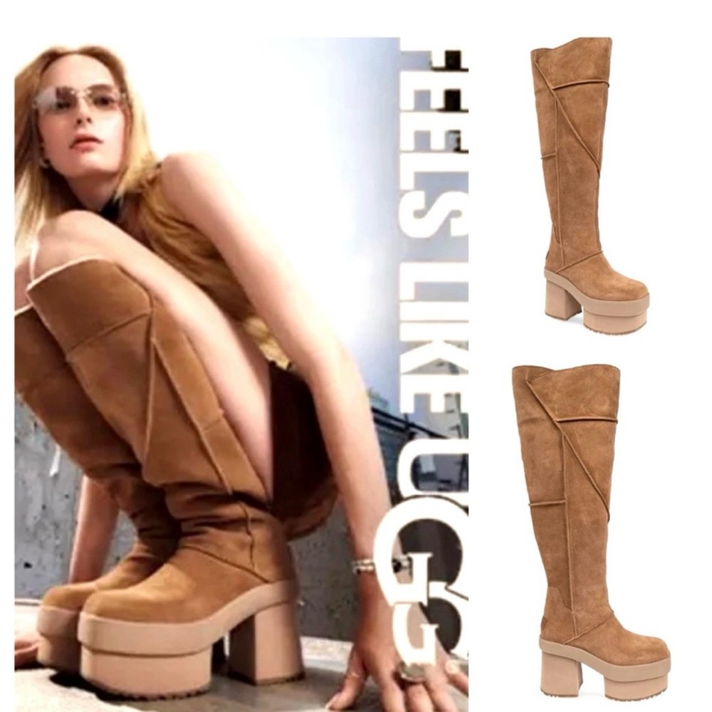 UGG New Heights Platform Xtra Tall Heel Suede Boots
Size 9 - NWOB
CHESTNUT